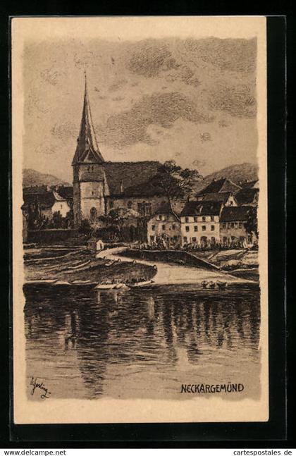 Künstler-AK Neckargemünd, Ortspartie mit Kirche