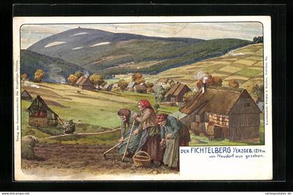 Künstler-AK Neudorf /Erzgeb., Fichtelberg und Bäuerinnen