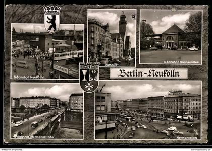 AK Berlin-Neukölln, S-Bahnhof Neukölln, Rathaus, Hermannplatz