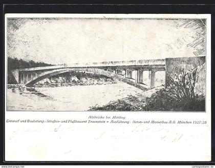 Künstler-AK Neuötting, Blick zur Alzbrücke Mittling