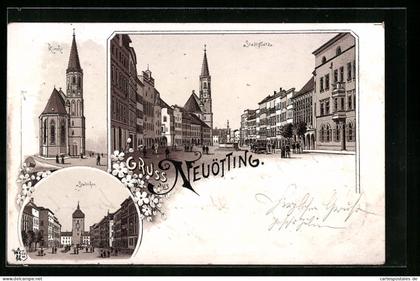 Lithographie Neuötting, Kirche Stadtthor, Stadtplatz
