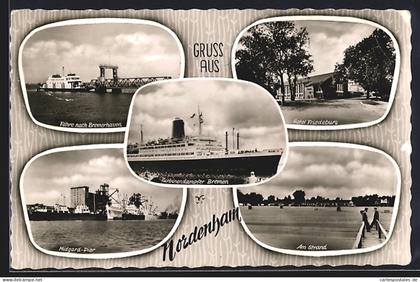 AK Nordenham, Midgard-Pier, Hotel Friedeburg, Fähre