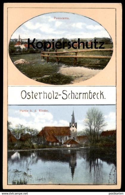 ALTE POSTKARTE OSTERHOLZ-SCHARMBECK PARTIE AN DER KIRCHE PANORAMA Spiegelung im Wasser Ansichtskarte AK cpa postcard
