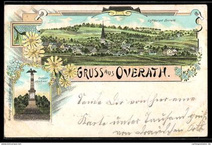 Lithographie Overath, Kriegerdenkmal und Totalansicht