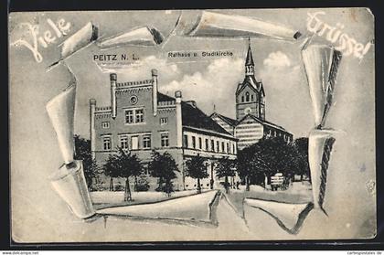 Künstler-AK Peitz /N. L., Rathaus und Stadtkirche