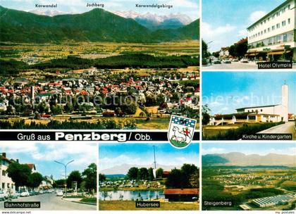 Penzberg Gesamtansicht mit Karwendelgebirge Hotel Olympia Kirche Kindergarten Ba