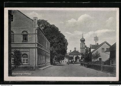 AK Pocking, Strassenpartie mit Blick zur Kirche