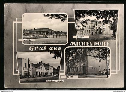 AK Michendorf, Teilansicht Raststätte, Bahnhof, Potsdamer Str., Postamt