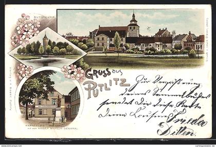 Lithographie Putlitz, Ortsansicht, Burgturm, Marktplatz mit Kaiser Wilhelm Denkmal