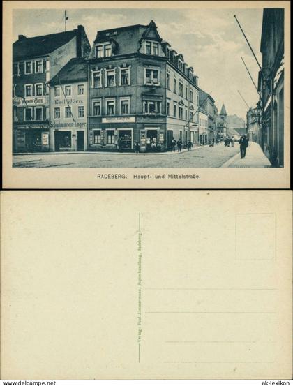 Ansichtskarte Radeberg Geschäfte - Haupt- und Mittelstraße 1928