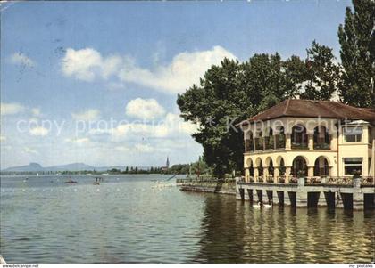 Radolfzell Bodensee Strandcafe Mettnau mit Radolfzell und Hegaubergen