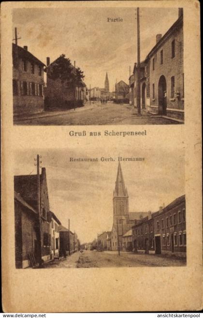 CPA Scherpenseel Übach Palenberg, Straßenpartie, Kirche, Restaurant Gerh. Hermanns