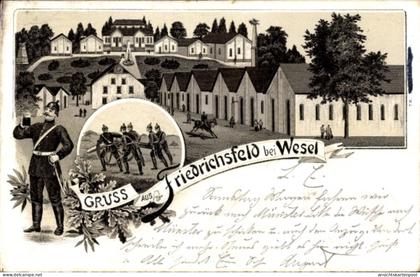 Lithographie Friedrichsfeld Voerde am Niederrhein, Kaserne, Baracken, Soldaten