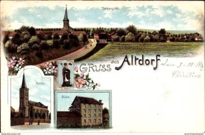 Lithographie Inden Altdorf im Rheinland, Gesamtansicht, Kirche, Mühle