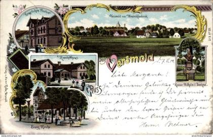 Lithographie Versmold in Westfalen, Krankenhaus, Post, Kaiser Wilhelm I. Denkmal