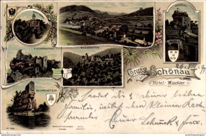 Lithographie Schönau in der Pfalz, Fleckenstein, Blumenstein, Wasigenstein, Hotel Mischler
