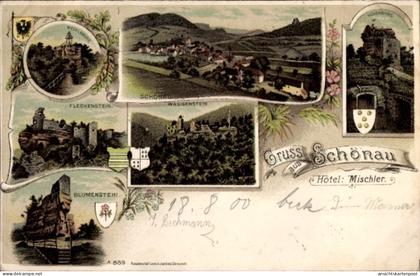 Lithographie Schönau in der Pfalz, Fleckenstein, Blumenstein, Wasigenstein, Hotel Mischler