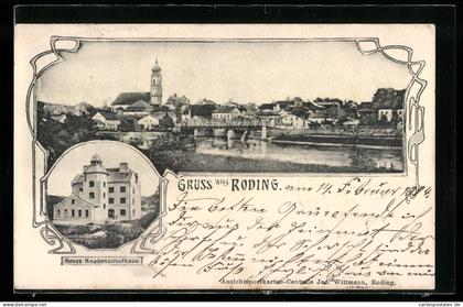 AK Roding, Teilansicht mit Kirche, Neues Knabenschulhaus