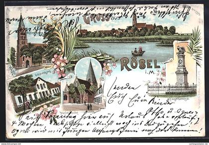 Lithographie Röbel i.M., Restaurant Schützenhaus, Kriegerdenkmal