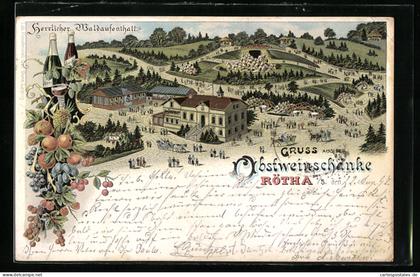 Lithographie Rötha i. S., Obstweinschenke mit Umgebung, Motiv mit Früchten und Wein