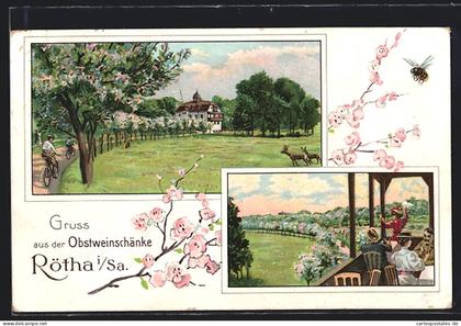 Lithographie Rötha i. Sa., Obstweinschänke, Allee mit blühenden Obstbäumen