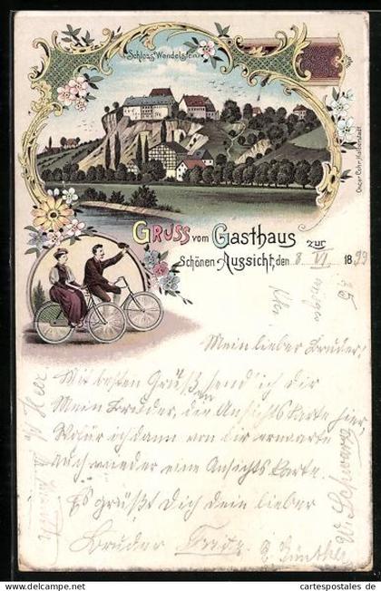 Lithographie Rossleben, Gasthaus zur Schönen Aussicht mit Schloss Wendelstein