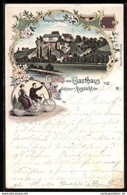 Lithographie Rossleben, Gasthaus zur Schönen Aussicht, Schloss Wendelstein, Paar auf Fahrrädern