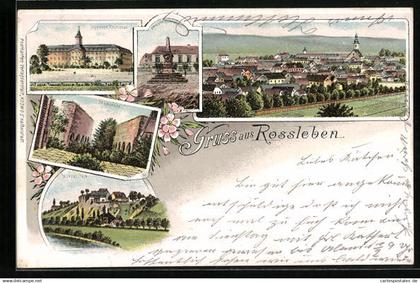 Lithographie Rossleben, Kriegerdenkmal, Kloster, Wendelstein