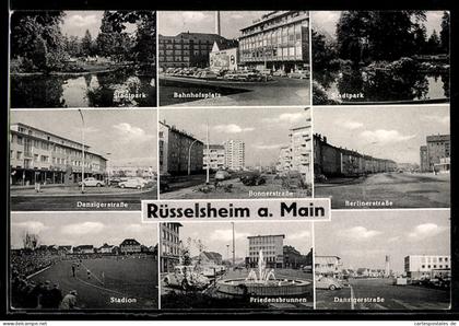 AK Rüsselsheim a. Main, Bahnhofsplatz, Stadtpark, Friedensbrunnen