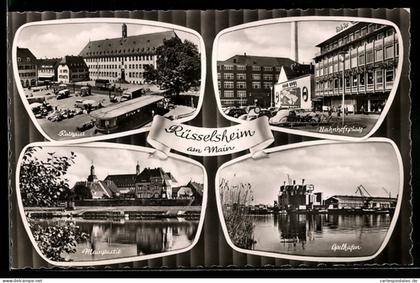 AK Rüsselsheim am Main, Rathaus, Bahnhofsplatz, Mainpartie, Opel-Hafen