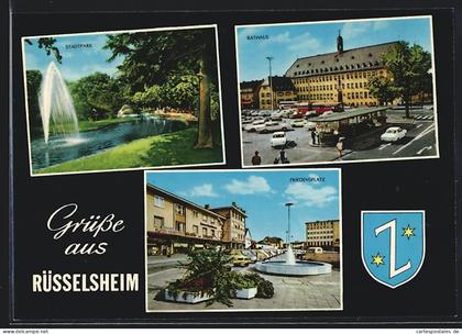 AK Rüsselsheim, Friedensplatz mit Geschäften, Rathaus, Stadtpark