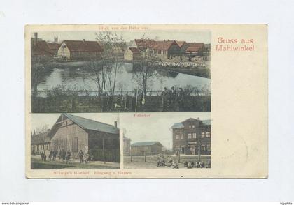 1904 Dt. Reich farbige Ansichtskarte Gruss aus Mahlwinkel Altmark mit Bahnhof + Schulze's Gasthof