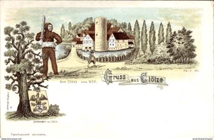 Blason Lithographie Klötze in der Altmark, Stadtansicht Anno 1665, Turm