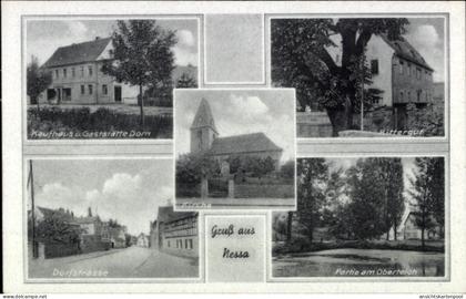 CPA Nessa Teuchern Burgenlandkreis, Kirche, Rittergut, Oberteich, Kaufhaus Gasthaus Dorn, Dorfstraße