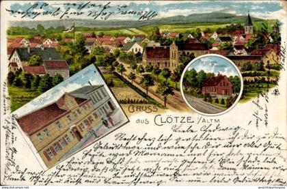 Lithographie Clötze Klötze in der Altmark, Hotel zum goldenen Löwen, Forsthaus Pansau