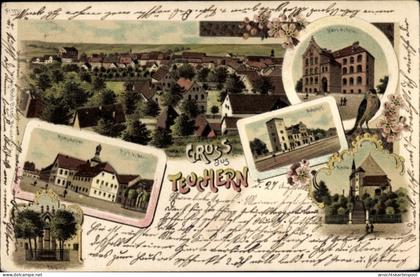 Lithographie Teuchern im Burgenlandkreis, Schule, Bahnhof, Rathaus, Denkmal