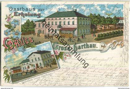 01909 Grossharthau - Bahnhof - Gasthaus zur Erholung - Farblithographie - Gross-Hartau