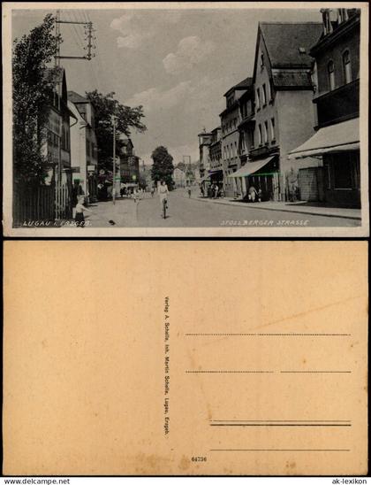 Ansichtskarte Lugau (Erzgebirge) Stollberger Strasse, Geschäfte 1934