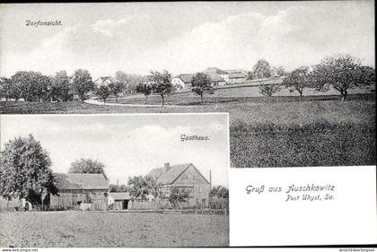 CPA Auschkowitz Burkau in Sachsen, Dorfansicht, Gasthaus