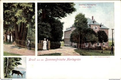 CPA Herlagrün Obercrinitz Crinitzberg Sachsen, Gasthof Bruno Schürer, Gredel, Keberg Sa