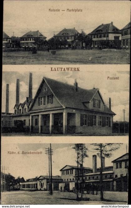CPA Lautawerk Lauta in der Lausitz, Kolonie, Marktplatz, Postamt, Küche, Barackenstadt