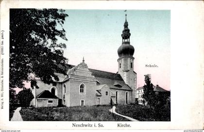 CPA Neschwitz in Sachsen, Kirche, Schule, Verlag A. Bar, koloniale Reiseandenken