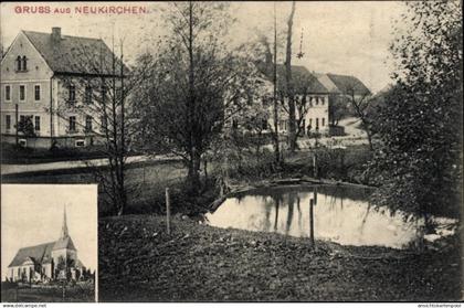 CPA Neukirchen Reinsberg in Sachsen, Ortspartie, Teich, Kirche