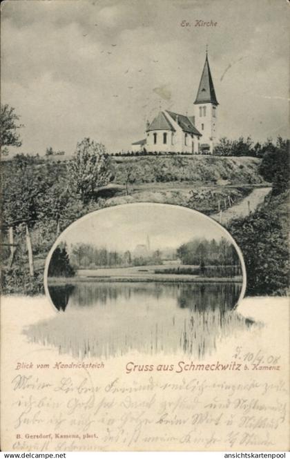 CPA Schmeckwitz Oberlausitz, Ev. Kirche, Blick vom Kandricksteich, Gruss aus Schmeckwitz