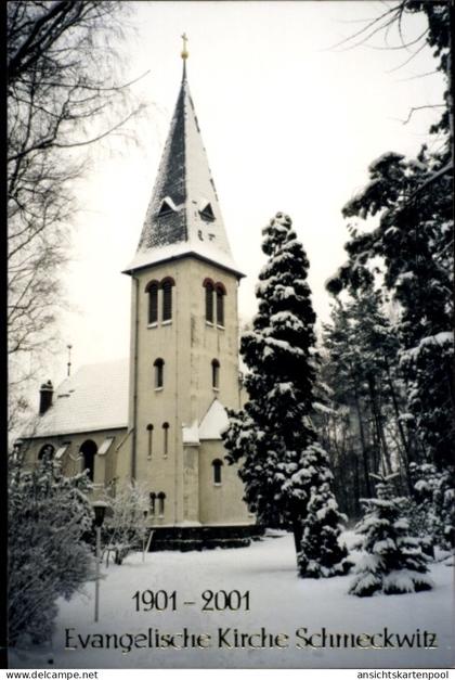 CPA Schmeckwitz Oberlausitz, Evangelische Kirche Schneelandschaft, Jubiläumsdatum 1901-2001