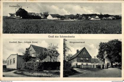 CPA Schmeckwitz Räckelwitz Oberlausitz, Dorfansicht, Gasthof Johann Robel, Bürgermeisterei