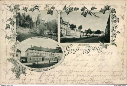 CPA Zöblitz Marienberg im Erzgebirge, Burgruine Lauterstein, Marktplatz, Hotel weißer Hirsch