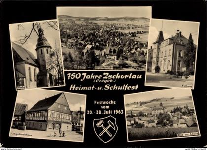 CPA Zschorlau Erzgebirge, Gesamtansicht, Rathaus, Schule, Kirche, Umgebindehaus