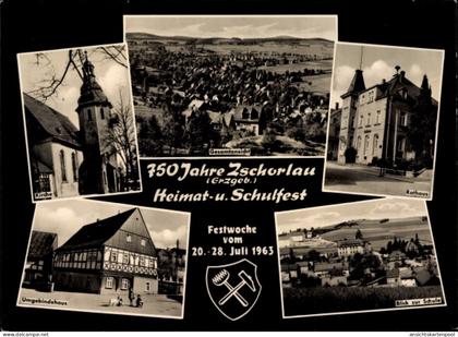 CPA Zschorlau Erzgebirge, Gesamtansicht, Rathaus, Schule, Kirche, Umgebindehaus