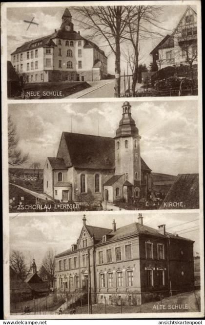 CPA Zschorlau Erzgebirge, Neue und Alte Schule, Kirche